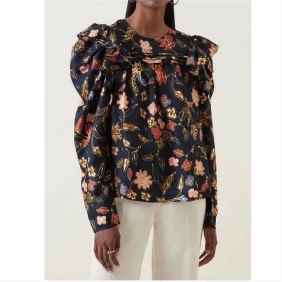 Ulla Johnson Mattie Blouse Odessa 100% Silk Floral Boho Blouse Black Size 4 - Picture 1 of 11